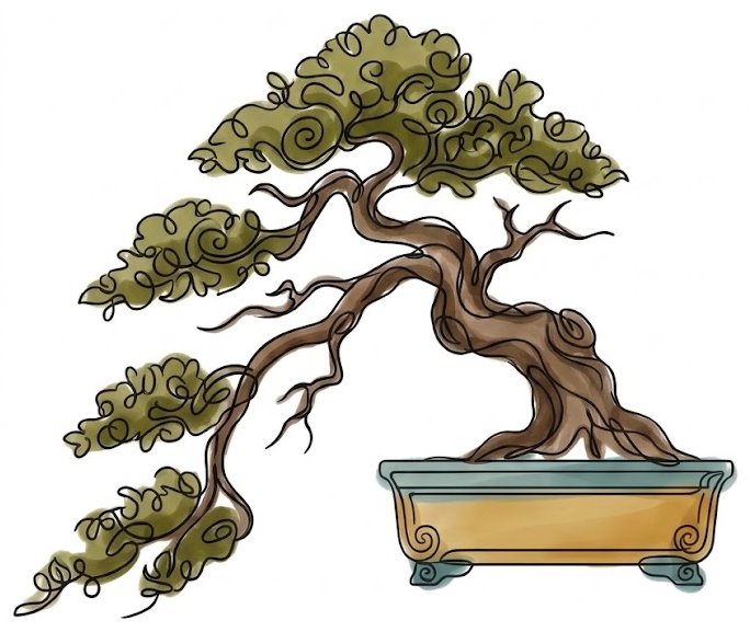Ilustração em aquarela de um bonsai em vaso
